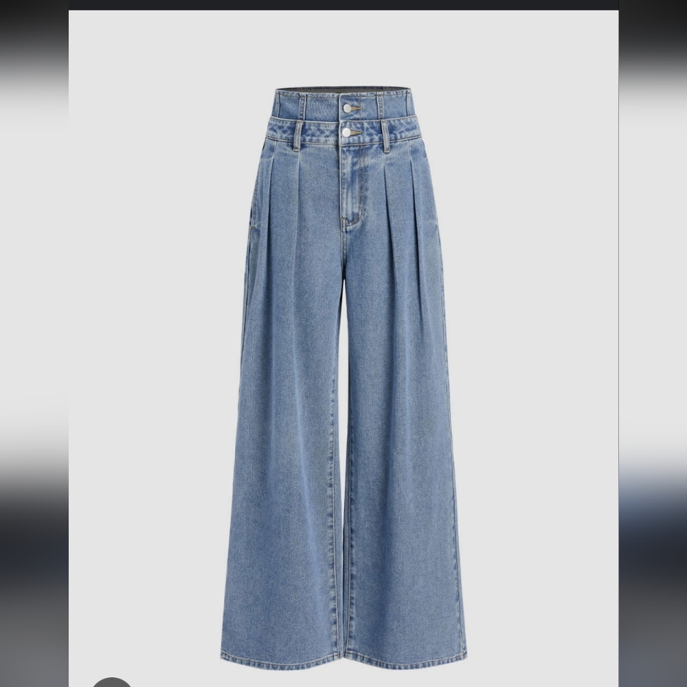 Chambray Denim Ultra Wide Leg jeans buttonfly/High double-waisted Pleated Sz 2